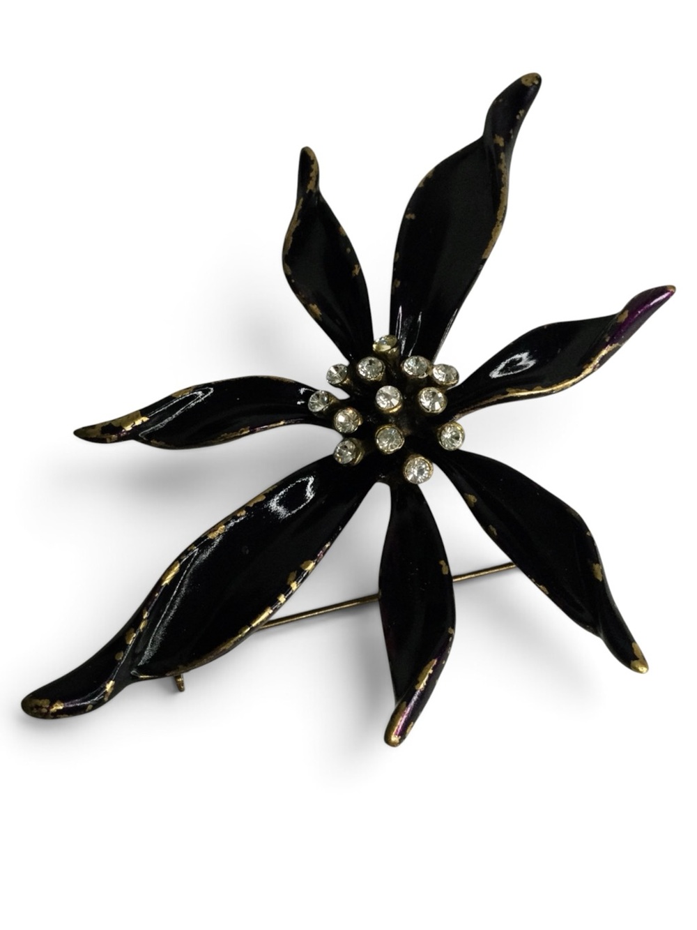 Vintage Ben-Amun Antiqued Gold-Tone Black-Purple Enamel Floral Rhinestone Brooch - Picture 7 of 14